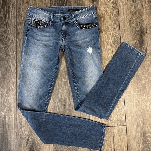 Black Orchid Hurricanea Studded Skinny Jeans Blue Distress Size 25 Edgy Rocker - Picture 3 of 17